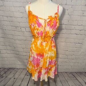 Feathers Tie-Dye Dress in Orange and Pink